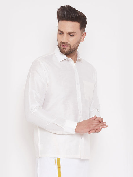 VM By Ethniqndia Men's White Silk Blend Ethnic Shirt