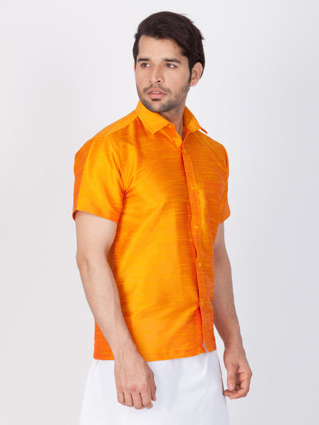 VM By Ethniqndia Men's Orange Silk Blend Ethnic Shirt