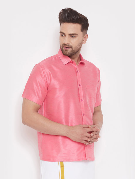 VM By Ethniqndia Men's Pink Silk Blend Ethnic Shirt