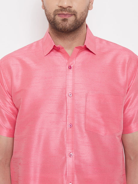 VM By Ethniqndia Men's Pink Silk Blend Ethnic Shirt