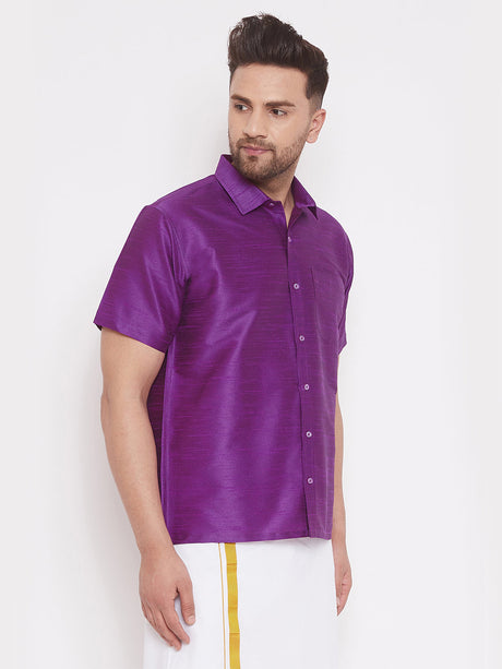 VM By Ethniqndia Men's Purple Silk Blend Ethnic Shirt