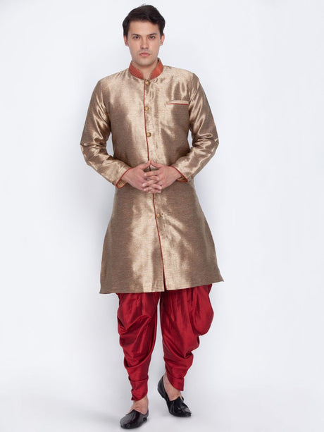 Ethniqndia Men's Gold Cotton Silk Blend Sherwani Set