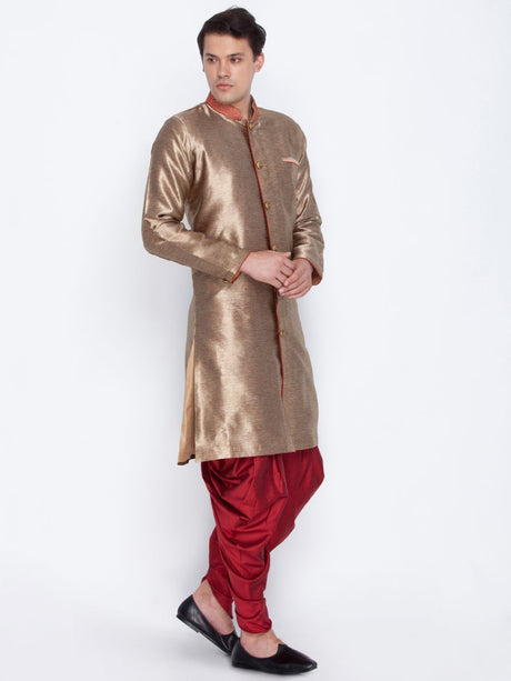 Ethniqndia Men's Gold Cotton Silk Blend Sherwani Set