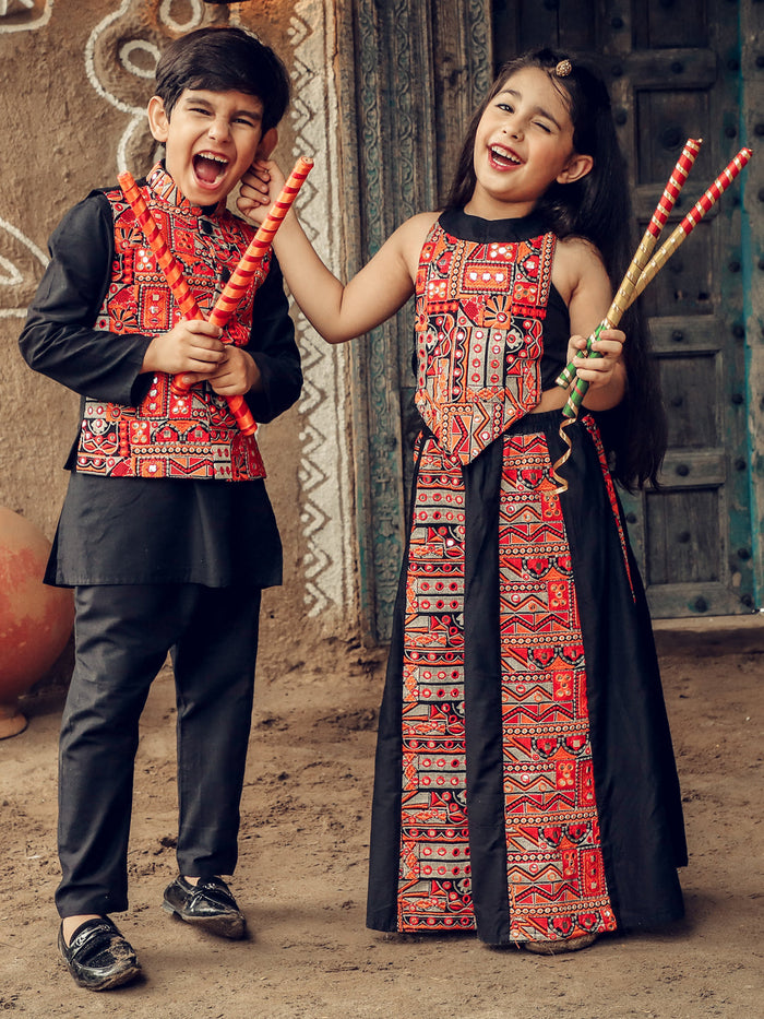 Ethniqndia Mirror Work Embroidered Navratri Special Siblings Set