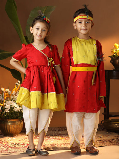 Ethniqndia Red And Cream BHAI BEHEN Siblings Matching Set