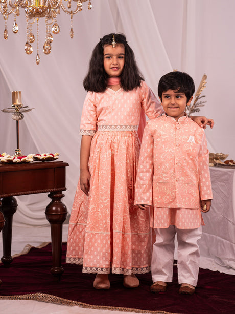 Ethniqndia Peach BHAI BEHEN Siblings Matching Set