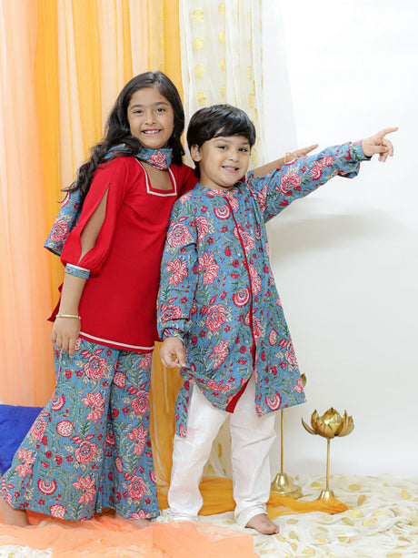 Ethniqndia Blue Printed Cotton Festive Collection Sibling Set