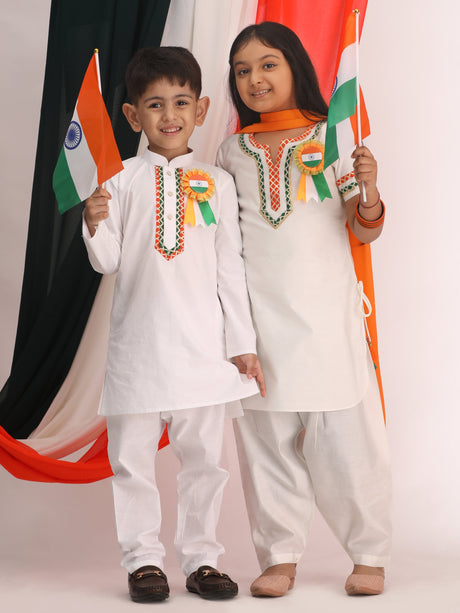 Ethniqndia White Solid Kurta Pyjama Republic Day Sibling Set