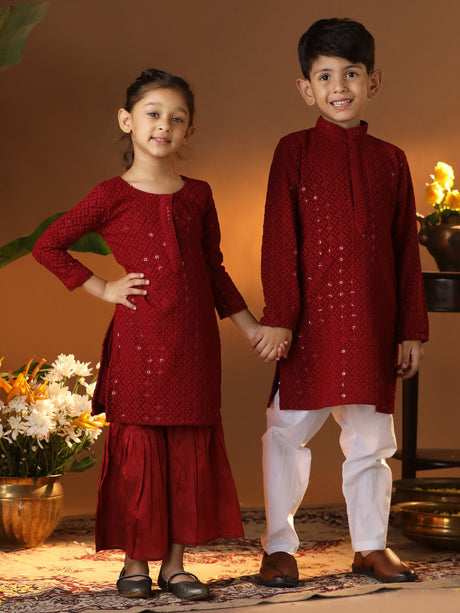 Ethniqndia Maroon and White Maroon BHAI BEHEN Siblings Matching Set