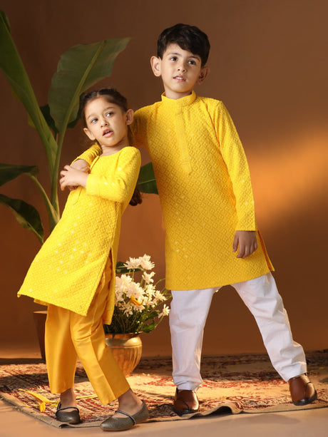 Ethniqndia Yellow And White Yellow BHAI BEHEN Siblings Matching Set