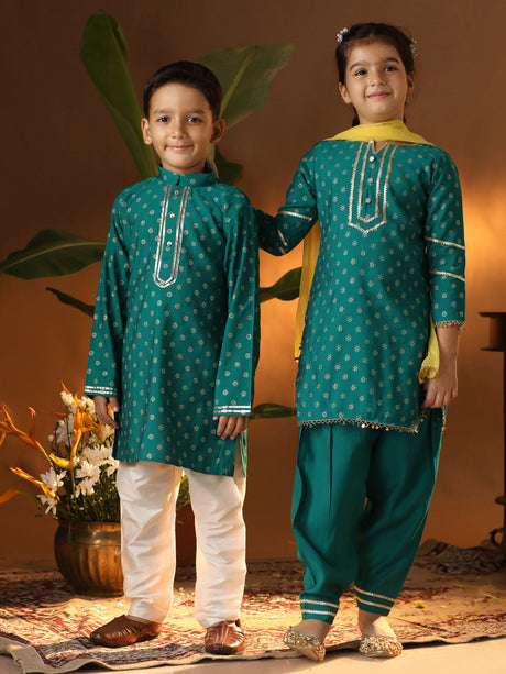 Ethniqndia Green And Cream BHAI BEHEN Siblings Matching Set