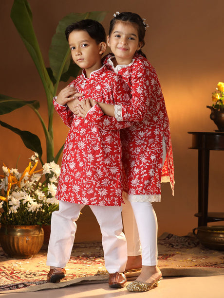 Ethniqndia Red And White BHAI BEHEN Siblings Matching Set