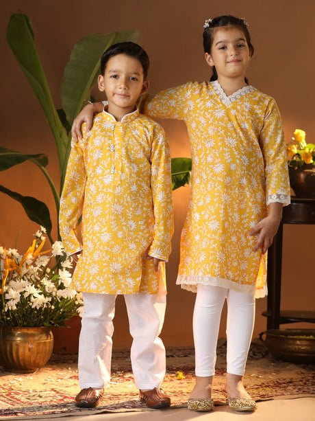 Ethniqndia Yellow And White BHAI BEHEN Siblings Matching Set