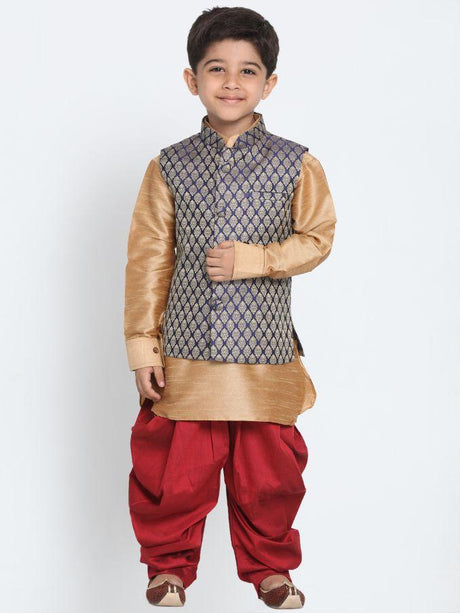 Ethniqndia Boys' Blue Cotton Silk Blend Ethnic Jacket, Golden Kurta and Dhoti Pant Set