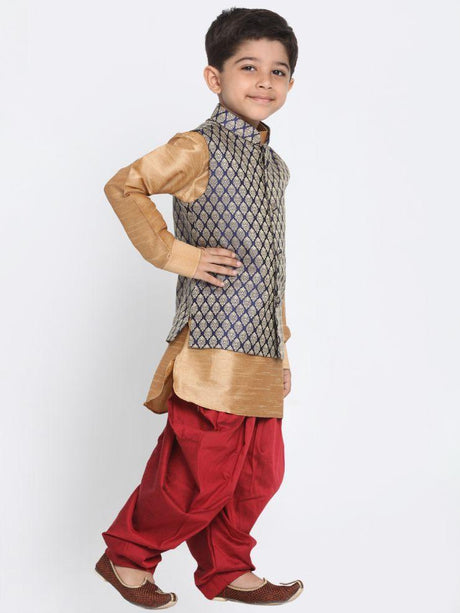 Ethniqndia Boys' Blue Cotton Silk Blend Ethnic Jacket, Golden Kurta and Dhoti Pant Set