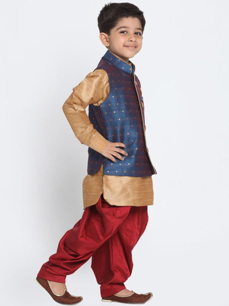 Ethniqndia Boy's Deep Blue Cotton Silk Blend Ethnic Jacket, Rose Gold Kurta and Maroon Dhoti Pant Set