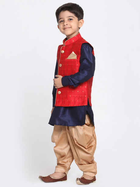 Ethniqndia Boys' Maroon Silk Blend Ethnic Jacket, Navy Blue Kurta and Rose Gold Dhoti Pant Set