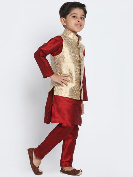 Ethniqndia Boys' Gold Cotton Silk Blend Waistcoat, Maroon Kurta and Pyjama Set