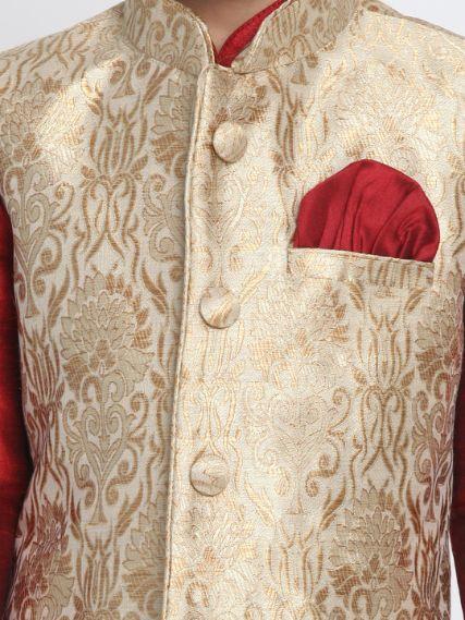 Ethniqndia Boys' Gold Cotton Silk Blend Waistcoat, Maroon Kurta and Pyjama Set