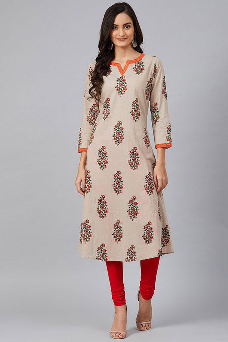 Beige Cotton A-Line Kurta | Ethniqndia - Made In INDIA.