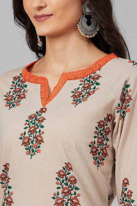 Women Beige Cotton A-Line Kurta | Ethniqndia - Made In INDIA.