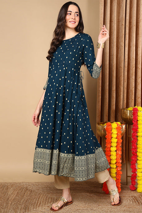 Navy Blue Viscose Rayon Geometric Printed Flared Kurta | Ethniqndia - Made In INDIA.