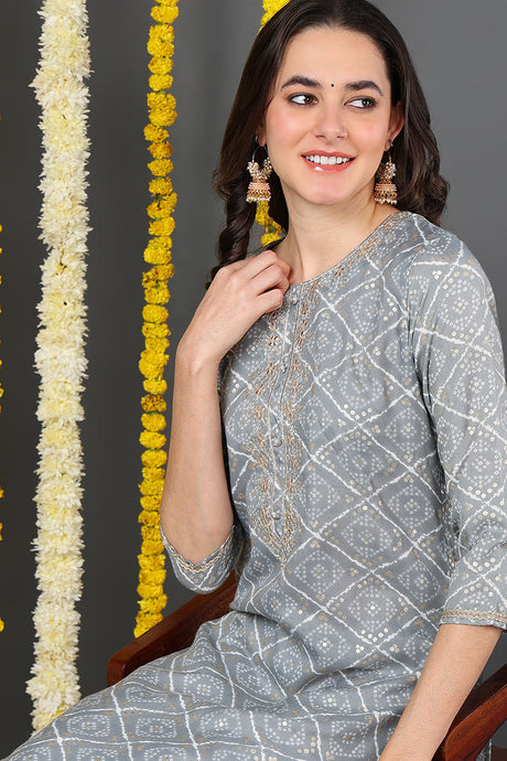 Women Grey Cotton Blend Bandhani Printed Straight Kurta | Ethniqndia - Made In INDIA.