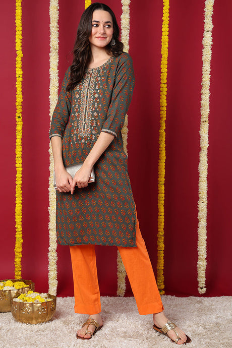 Olive Cotton Blend Floral Embroidered Straight Kurta | Ethniqndia - Made In INDIA.