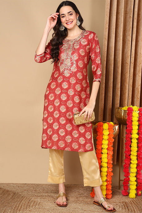 Rust Red Silk Blend Ethnic Motifs Printed Straight Kurta | Ethniqndia - Made In INDIA.