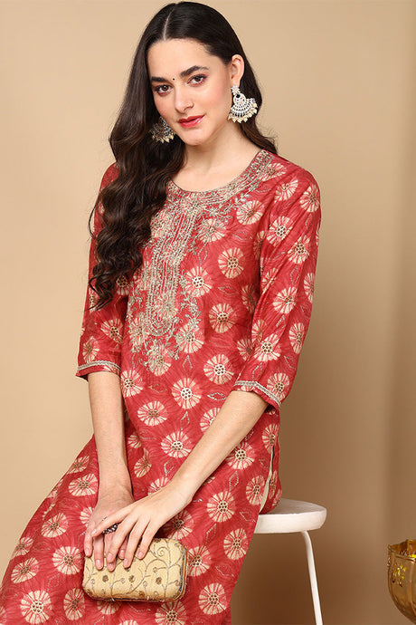 Women Rust Red Silk Blend Ethnic Motifs Printed Straight Kurta | Ethniqndia - Made In INDIA.