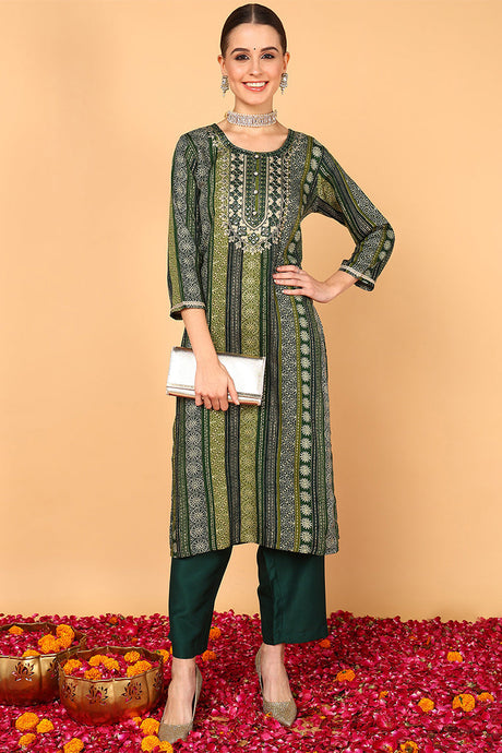 Plus Size Green Viscose Rayon Ethnic Motifs Printed Straight Kurta | Ethniqndia - Made In INDIA.