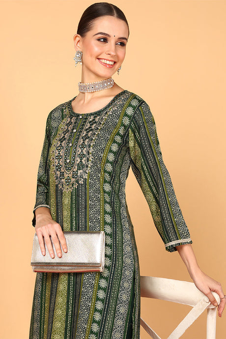 Women Plus Size Green Viscose Rayon Ethnic Motifs Printed Straight Kurta | Ethniqndia - Made In INDIA.