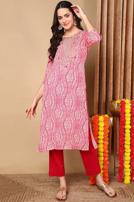 Plus Size Pink Viscose Rayon Abstract Printed Straight Kurta | Ethniqndia - Made In INDIA.