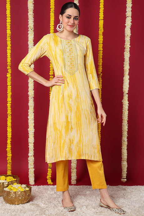 Yellow Viscose Rayon Abstract Printed Straight Kurta | Ethniqndia - Made In INDIA.