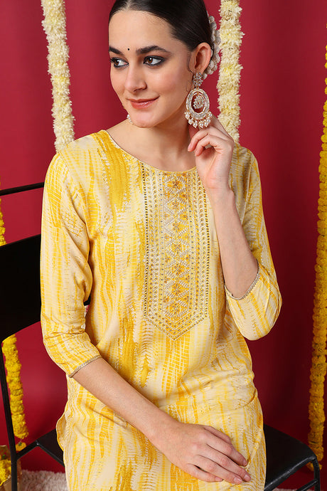 Women Yellow Viscose Rayon Abstract Printed Straight Kurta | Ethniqndia - Made In INDIA.