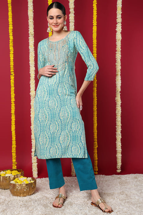 Blue Viscose Rayon Abstract Printed Straight Kurta | Ethniqndia - Made In INDIA.