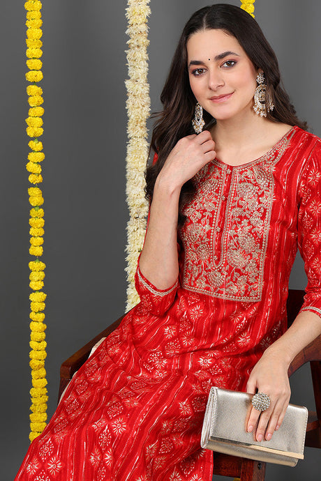 Women Red Viscose Rayon Ethnic Motifs Printed Straight Kurta | Ethniqndia - Made In INDIA.