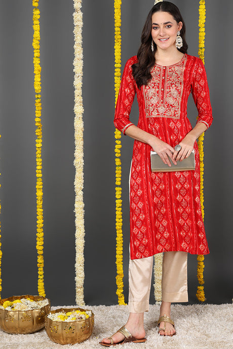 Red Viscose Rayon Ethnic Motifs Printed Straight Kurta | Ethniqndia - Made In INDIA.