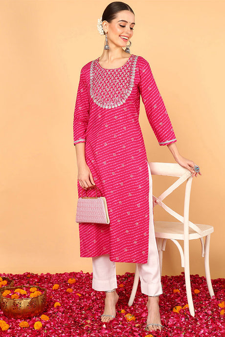 Plus Size Pink Cotton Leheriya Printed Straight Kurta | Ethniqndia - Made In INDIA.