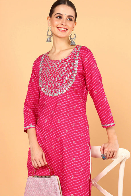 Women Plus Size Pink Cotton Leheriya Printed Straight Kurta | Ethniqndia - Made In INDIA.