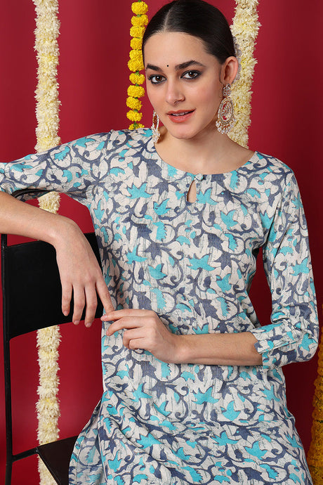 Women Beige Silk Blend Ethnic Motifs Printed Straight Kurta | Ethniqndia - Made In INDIA.