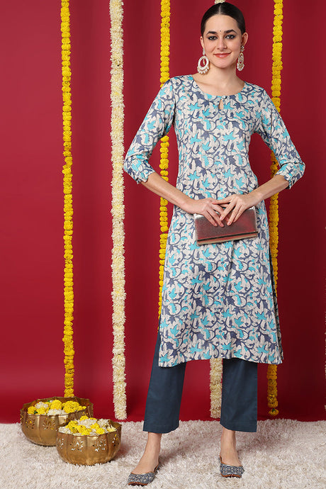 Beige Silk Blend Ethnic Motifs Printed Straight Kurta | Ethniqndia - Made In INDIA.