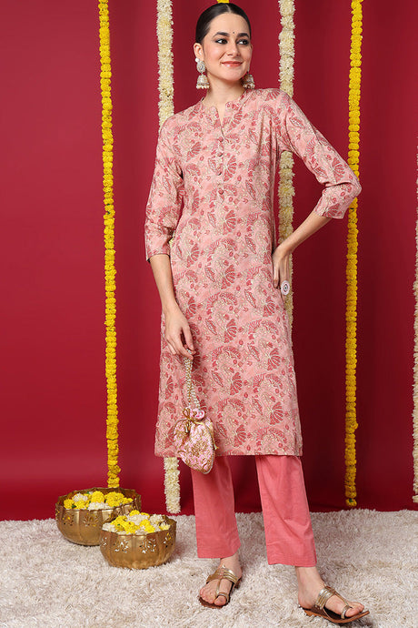 Peach Viscose Rayon Floral Printed Straight Kurta | Ethniqndia - Made In INDIA.