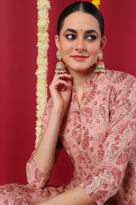 Women Peach Viscose Rayon Floral Printed Straight Kurta | Ethniqndia - Made In INDIA.