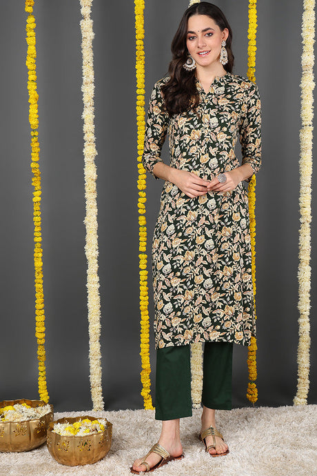 Green Viscose Rayon Floral Printed Straight Kurta | Ethniqndia - Made In INDIA.