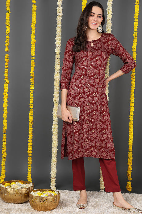 Maroon Viscose Rayon Floral Printed Straight Kurta | Ethniqndia - Made In INDIA.