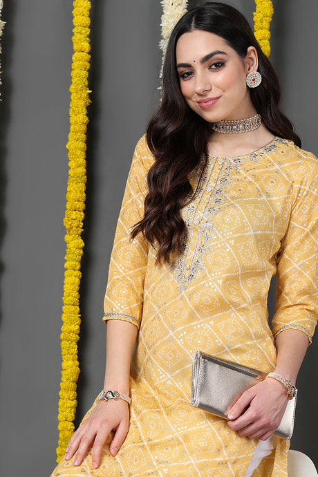 Women Yellow Cotton Blend Bandhani Printed Straight Kurta | Ethniqndia - Made In INDIA.