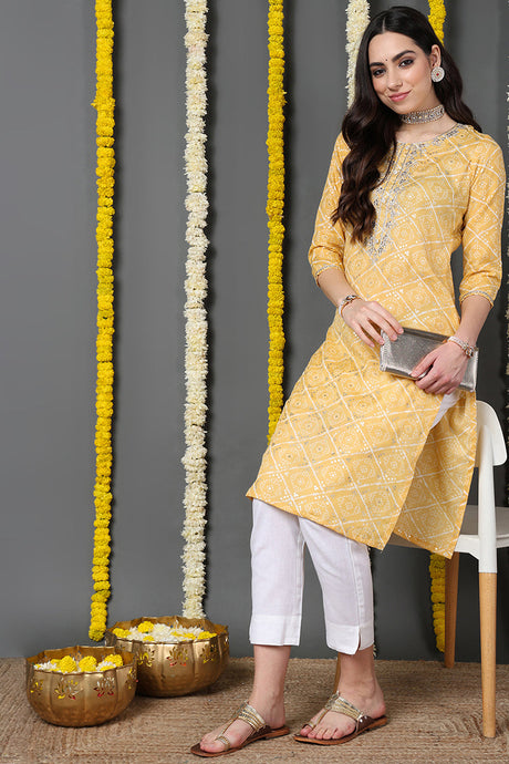 Yellow Cotton Blend Bandhani Printed Straight Kurta | Ethniqndia - Made In INDIA.