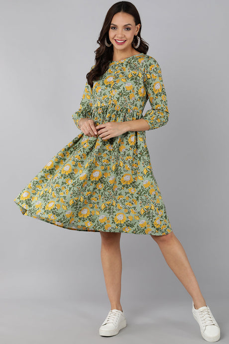 Green Cotton Floral Print Midi Dress | Ethniqndia - Made In INDIA.