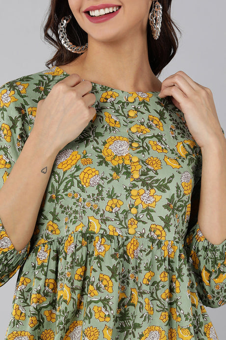 Women Green Cotton Floral Print Midi Dress | Ethniqndia - Made In INDIA.